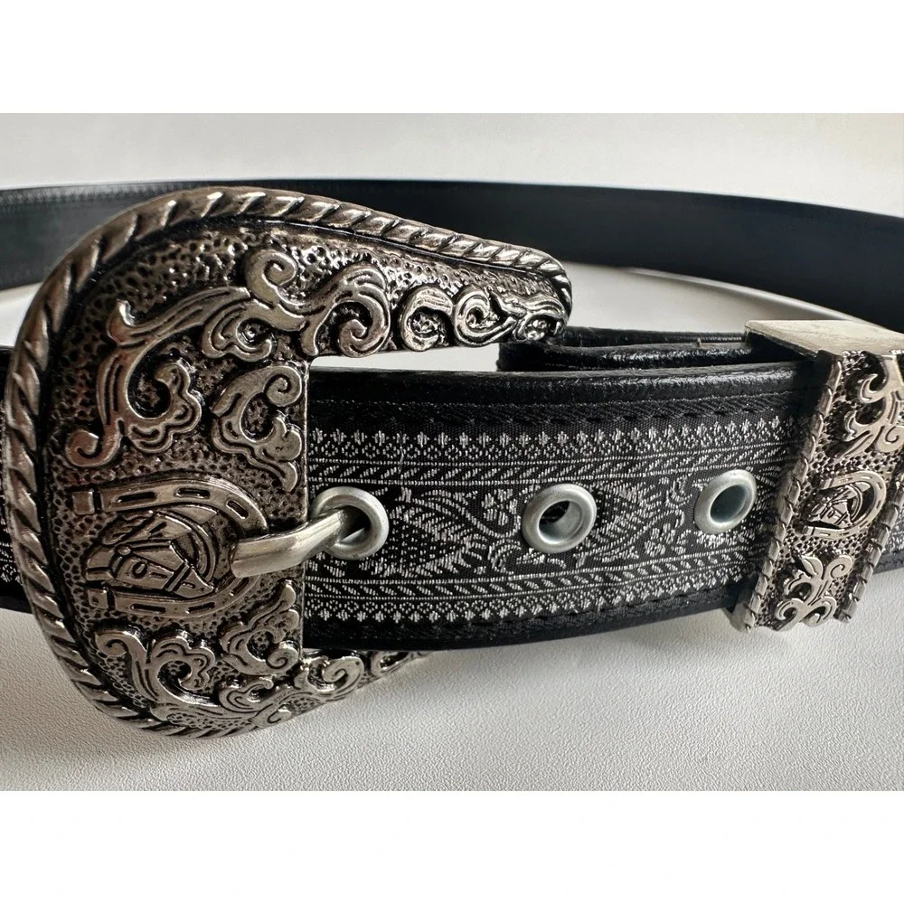 Men's Black Western Belt Silver Tone‎ Ornate Horseshoe Buckle Size 42 Mexico